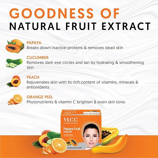 VLCC Papaya Fruit Facial Kit | With Papaya, Cucumber, Peach, and Orange Peel Extracts
