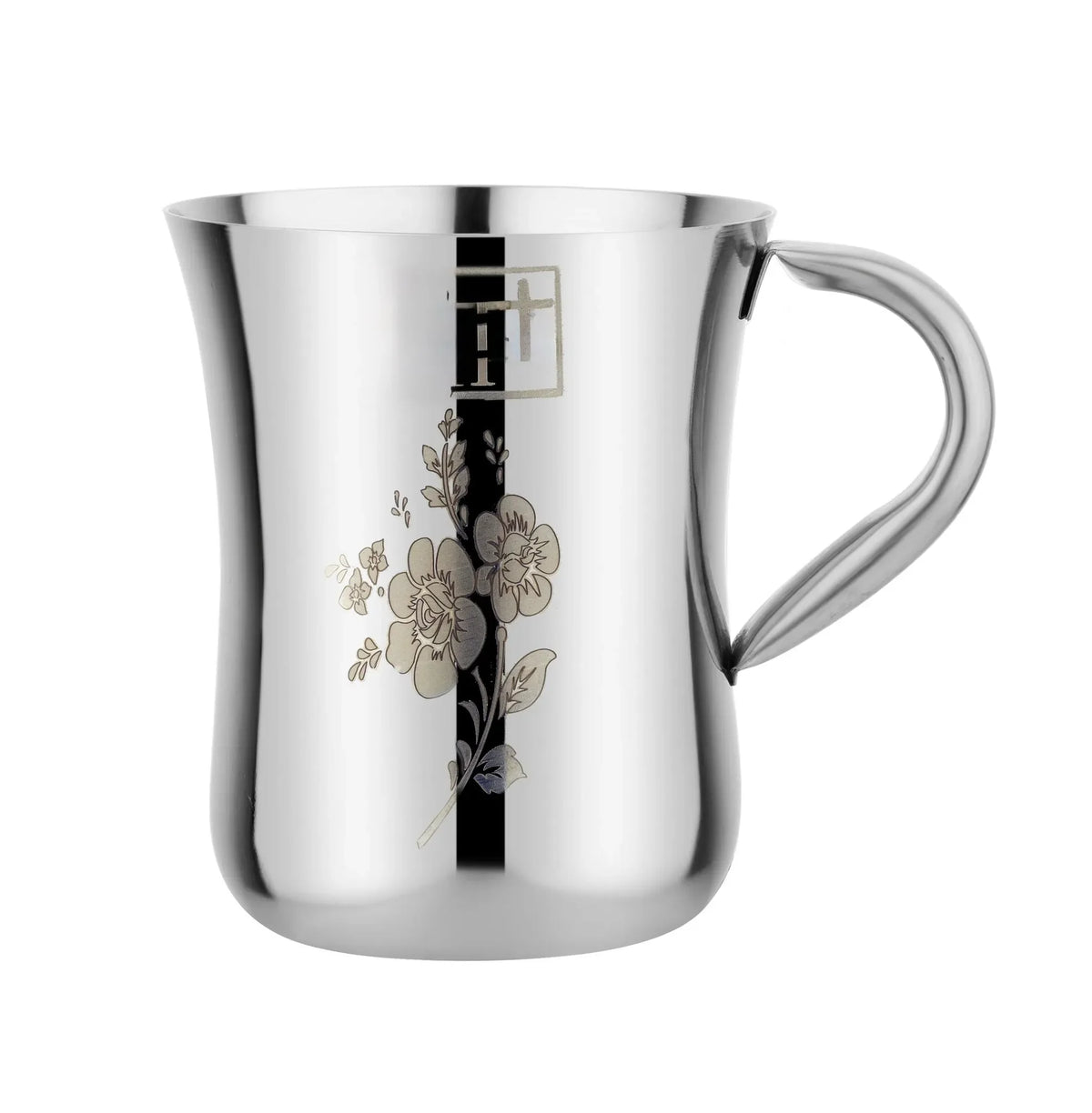 Stainless steel kitchen utensil mug with floral design and handle