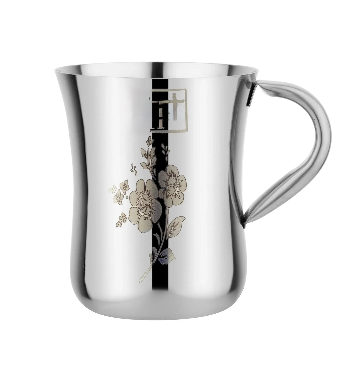 Stainless steel kitchen utensil mug with floral design and handle