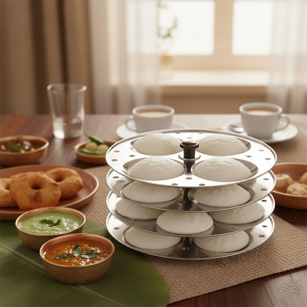 Riar Stainless Steel Idly Stand – Silver, Round Design