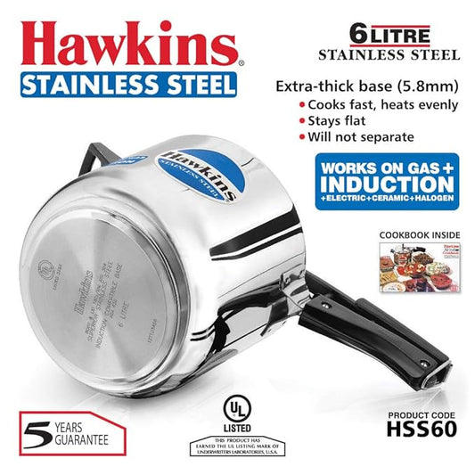 Hawkins Stainless steel  Induction Pressure Cooker, Inner Lid, 6 Litre