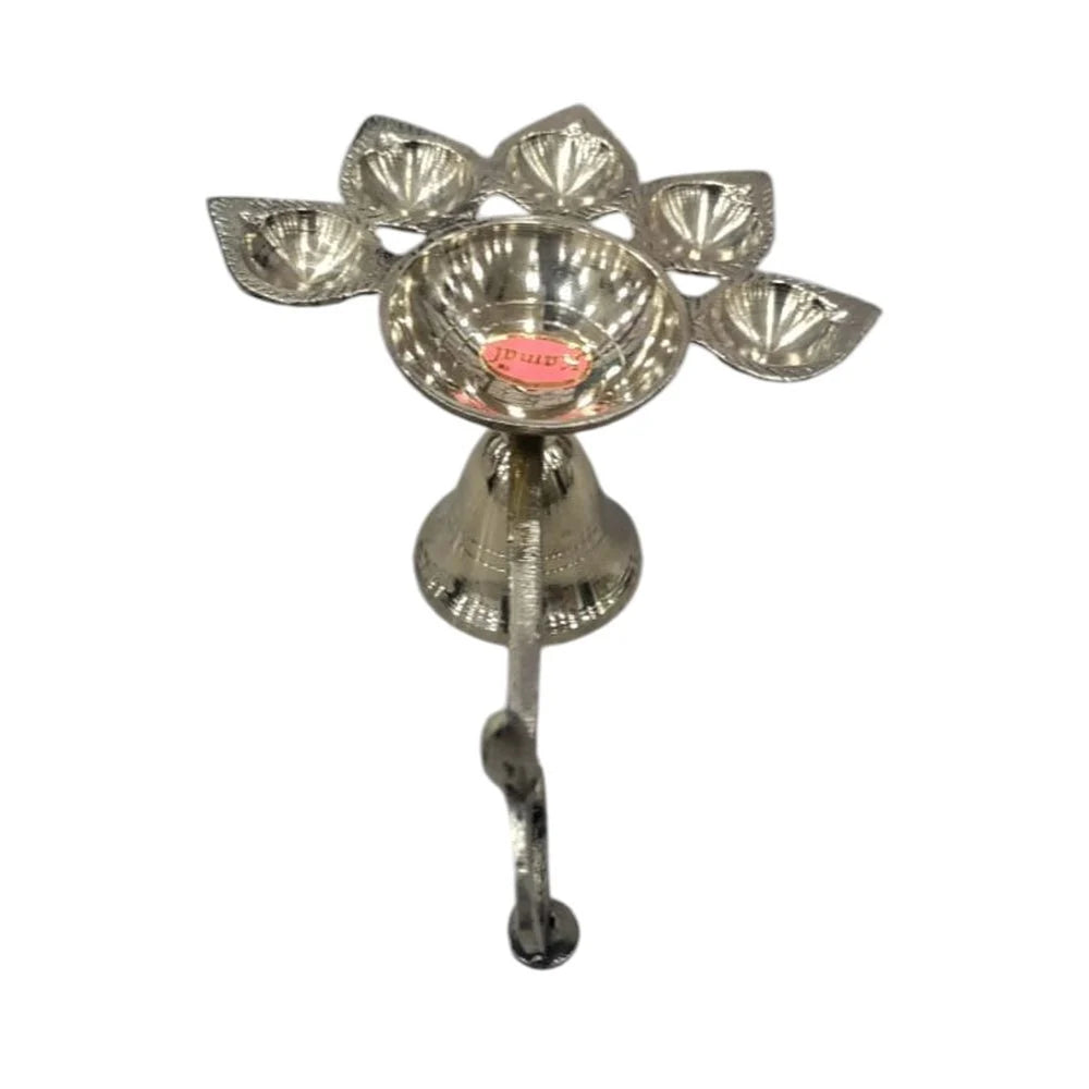 Brass Panch Aarti Diya with Wooden Handle – Traditional Five-Wick Oil Lamp
