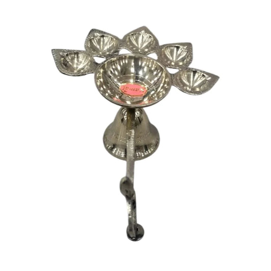 Brass Panch Aarti Diya with Wooden Handle – Traditional Five-Wick Oil Lamp